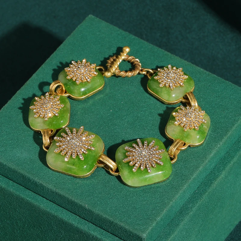 

Vintage Square Natural Stone Green Bracelets For Woman High Quality Engagement Brand Jewelry Gift Gold Color Luxury Accessories