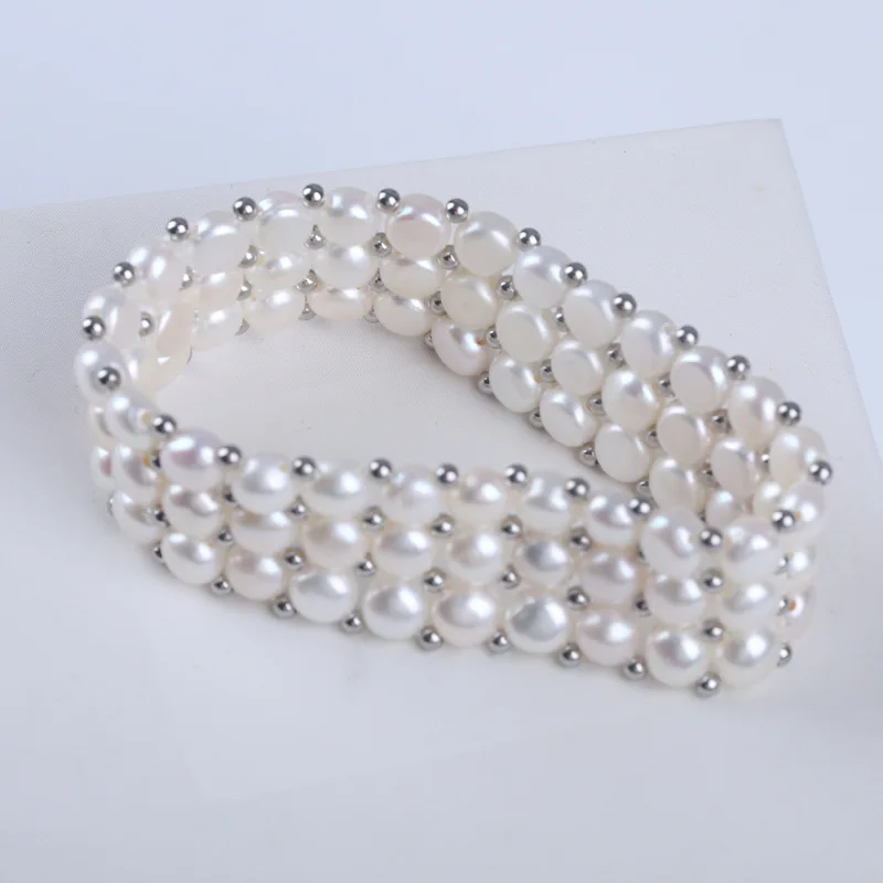 

6-8Mm Natural Freshwater Pearl Bread Bead Three-Layer Bracelet White