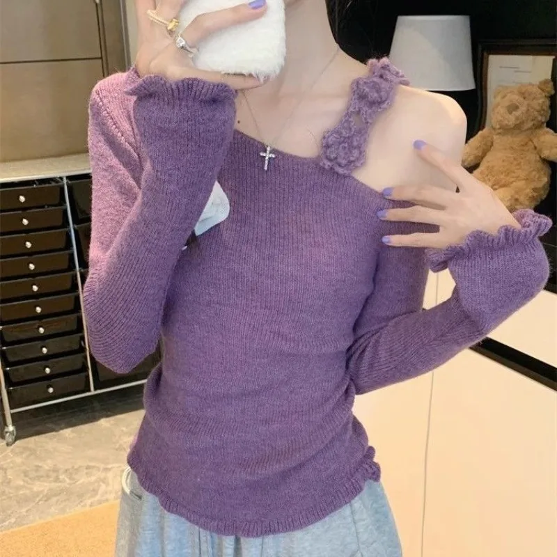 

Women's Clothing Spring high quality Purple Gentle Three-dimensional Crochet Knitted Sweater Sexy Shoulder Slim Sweater