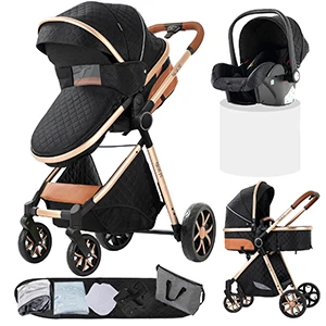 Kinderwagen Luxe 3-in-1 met autostoeltje en slaapmandje Lichtgewicht kinderwagen Hoge kinderwagen Multifunctionele verstelbare reisbuggy Eenvoudig opvouwbaar Compact Draagbaar Veilig Comfortabel