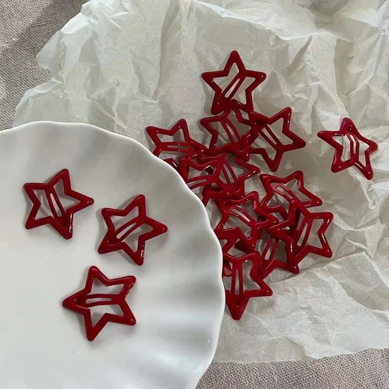 5pcs Y2k Cute Fashion Red Star Metal Snap Lucky Clip Hair Clips Women Girls Hairpins Barrettes Hair Jewelry Accessories