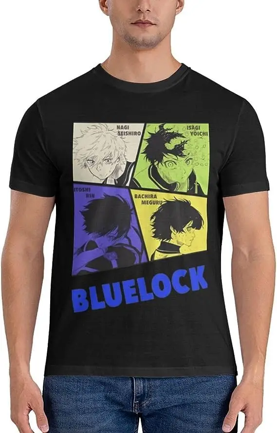 Blue Anime Lock Shirt Men's Breathable Custom Cotton Short Sleeve Tshirt Fashion Casual Tops Tees Black