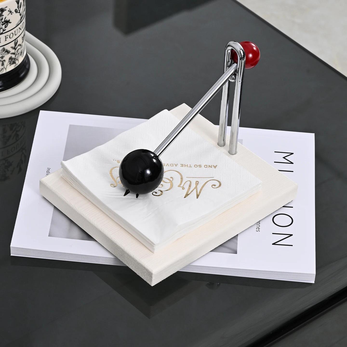 

Vertical Standing Napkin Holder, Square Tabletop Tissue Stand for Dining Table. A stylish and functional paper napkin dispenser for kitchen countertops, perfect for home, restaurant, hotel, and cafe use.