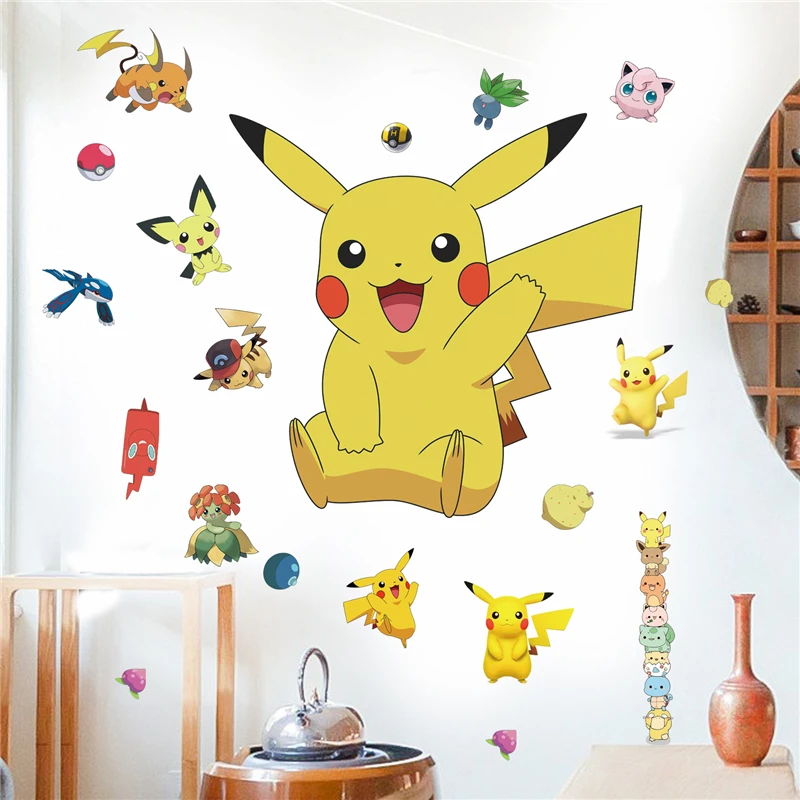 Cartoon Pikachu Wall Stickers For Kid\'s Rooms Kindergarten Living Room Bedroom PVC Wall Decoration Animated Poster Bedroom Decor