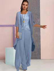 Abiti da madre della sposa lunghi in chiffon blu scoop personalizzati Abito da madrina a maniche corte in pizzo a trapezio lungo fino al pavimento per le donne