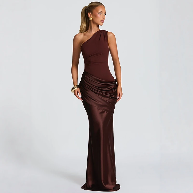 

Typhaland Elegant Off Shoulder Long Party Dress Women's Sleeveless Slim Ruched Sling Dress Fashion Splice Lady Dress High Waist