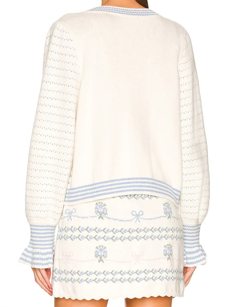 Imagem -03 - Doce Feminino Outono Branco Flor Azul Malha Alargamento Manga Cardigan Cintura Alta Frente Fenda Onda Hem Mini Saia Conjunto de Correspondência 2023