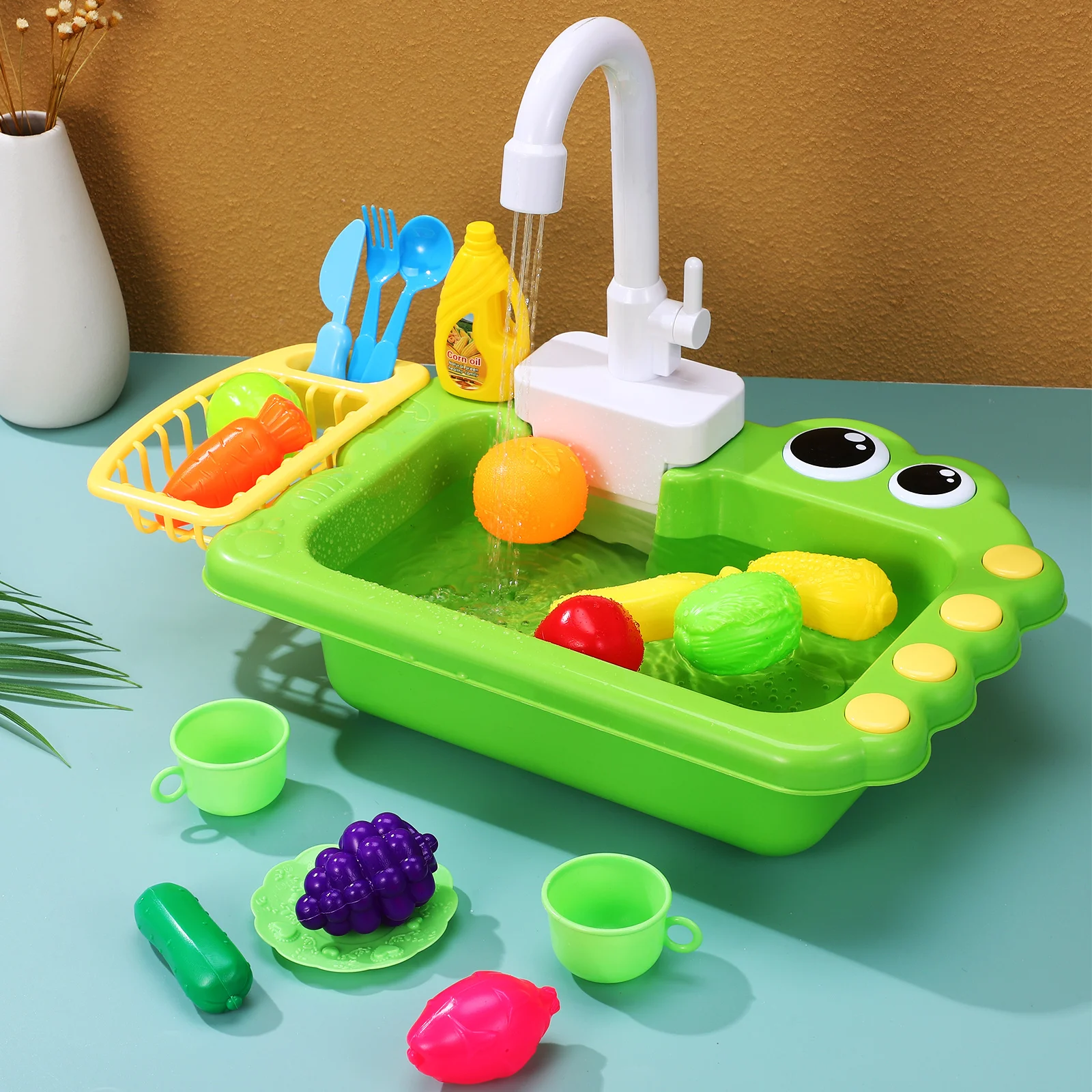 1 conjunto de pia infantil com água corrente, torneira realista, pia de cozinha, estação de lavagem para crianças, mesa de água compacta e segura