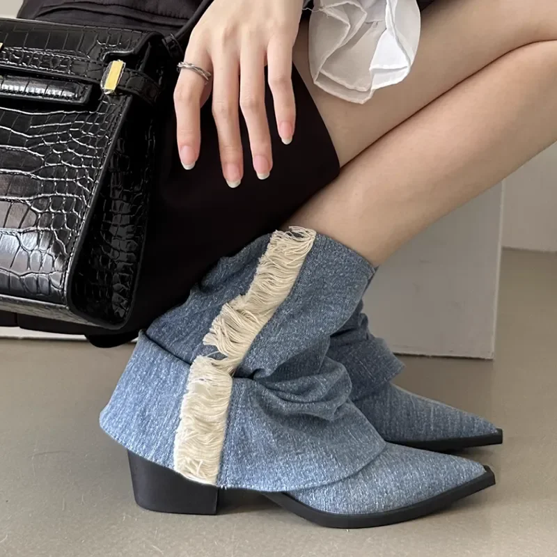 Pleated Denim Cowgirl Boots for Women 2023 Autumn Pointed Toe High Heeled Ankle Boots Woman Tassel Blue Jeans Cowboy Booties