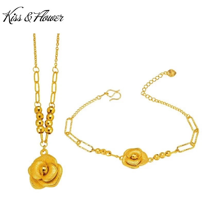 

KISS&FLOWER Gold Rose Bracelet+Necklace For Women Wedding Party Birthday Christmas Bride Mother Girlfriend Ladies Gifts JS86