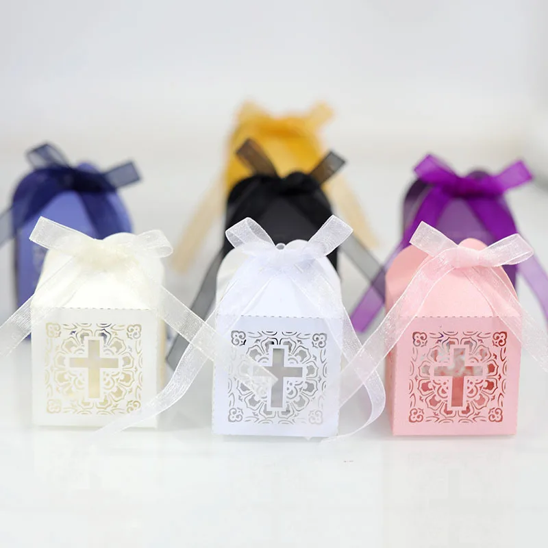 50/100pcs Lace Cross Candy Box Easter Favor Gift Packaging Box With Ribbon Birthday Baptism Wedding Communion Christening Decor