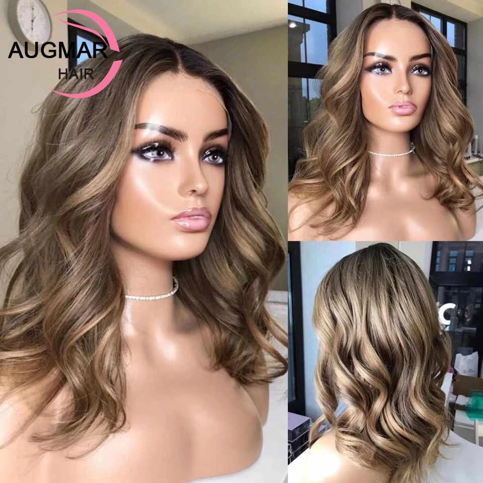 Ash Blonde Highlight Wig Human Hair 13x6 Short Body Wave Lace Front Wig Brown Human Hair Wigs For Women HD 360 Lace Frontal Wig