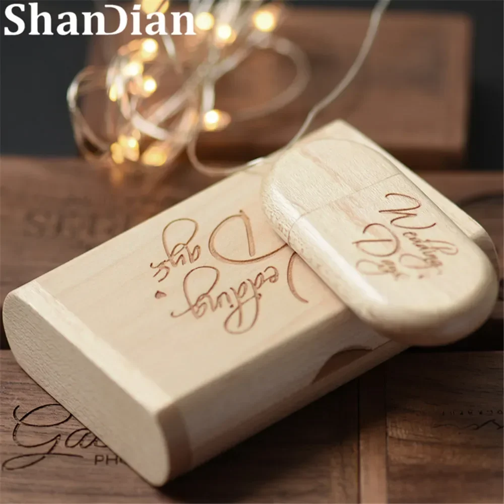 SHANDIAN 프리 커스텀 로고 나무 USB + 박스 펜 드라이브, USB 메모리, 웨딩 사진 선물, 4GB, 16GB, 32GB, 64GB, 128GB