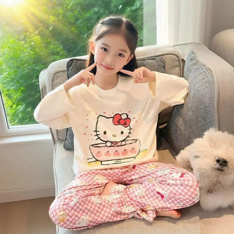 

Sanrio Hello Kitty пижамы с длинными рукавами, комплект из 2 предметов, пуловер для девочек, штаны, детская кавайная модная новая повседневная домашняя одежда с героями мультфильмов в стиле аниме