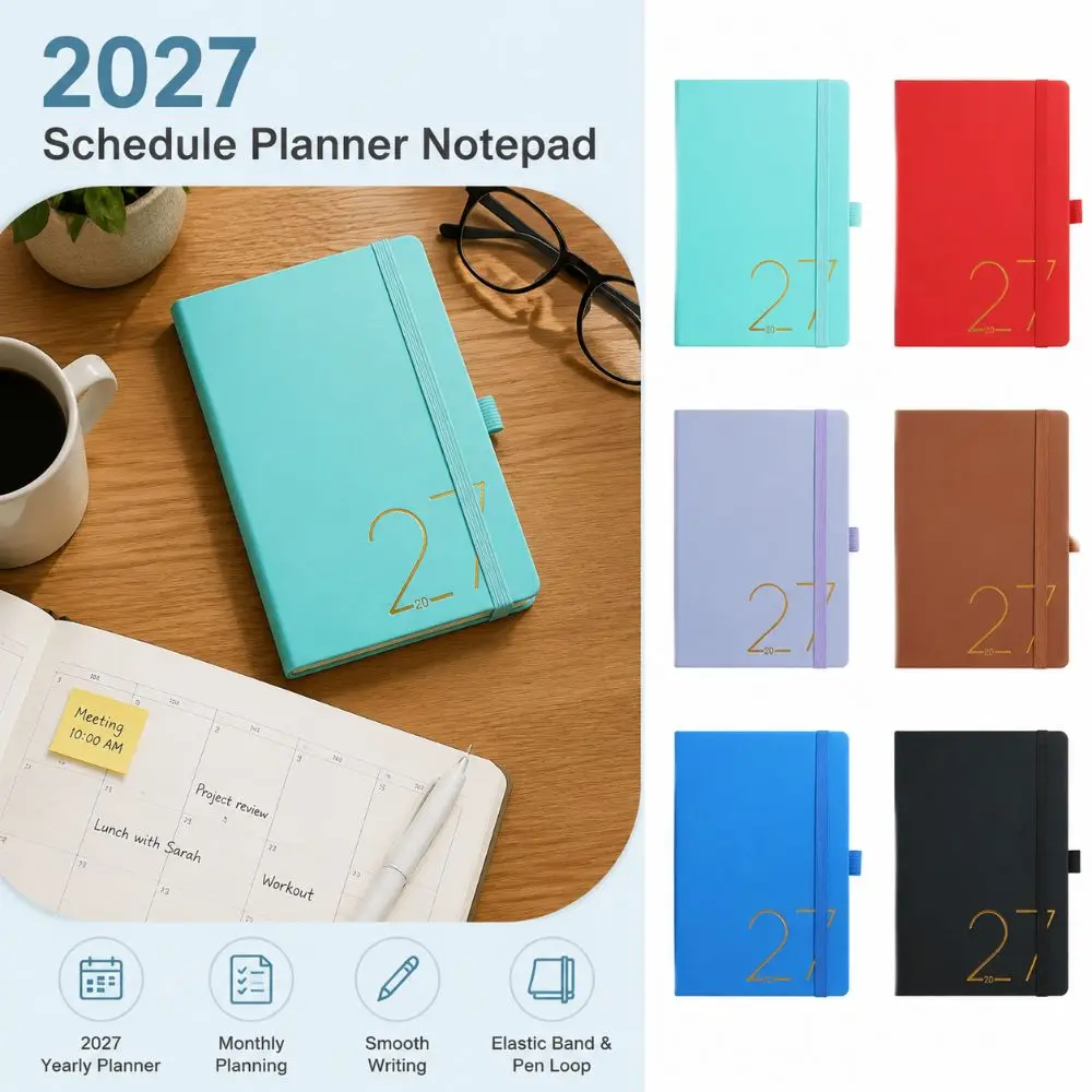 English 2027 Schedule Planner Notepad 12 Months Efficiency To-do List Notebook Leather Cover Simple Personal Schedule Journal