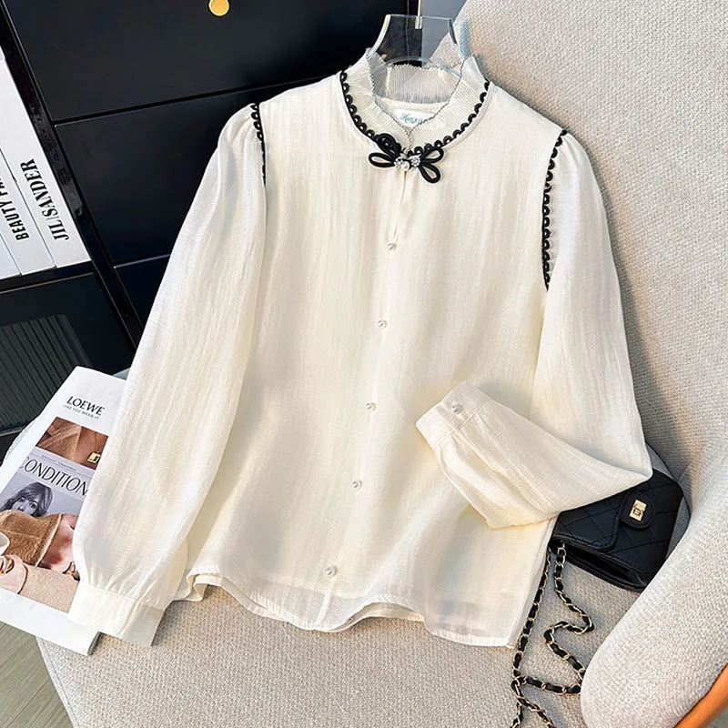 

Women Blouse Shirt Fashion Long Sleeve Stand Collar Elegant Bow Blouse Shirt Women Tops Blouses Shirts Blusas Camisas 2025 Q520