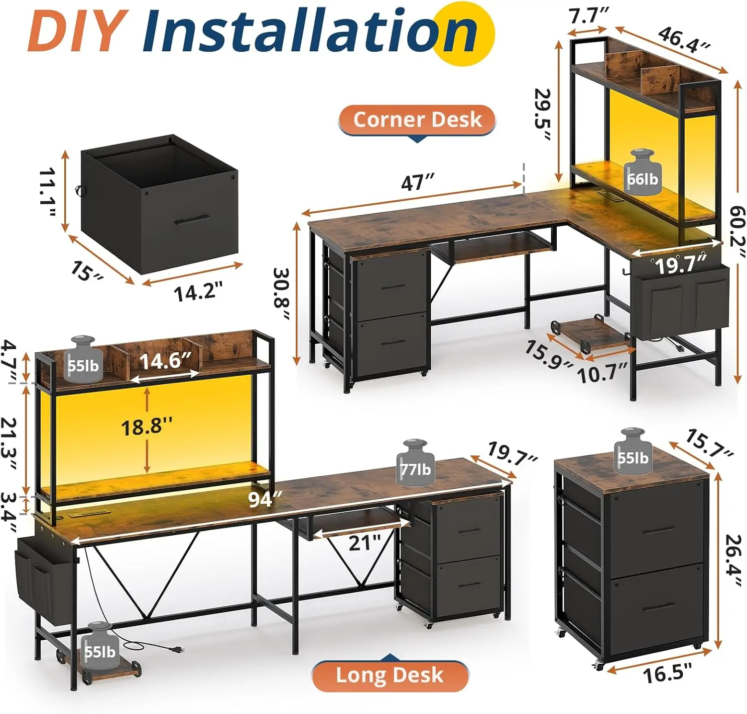 L Shaped Gaming Desk, Reversible Corner Computer Desk with Power Outlet & Led Strip Home Office Desks Drawer File Cabinet