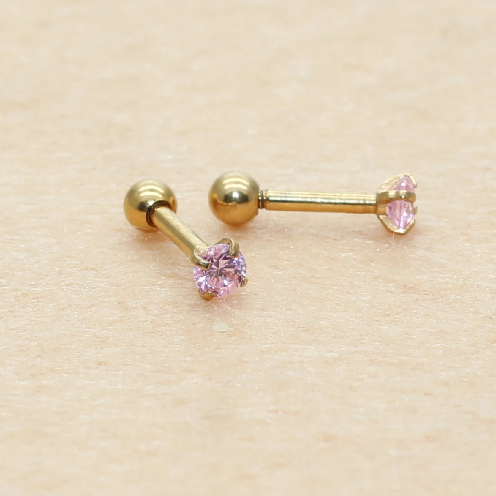 3mm Bunte Ohrstecker mit Schraubverschluss aus Edelstahl, klassisch goldfarben, AAA runder Zirkon – Detail 11
