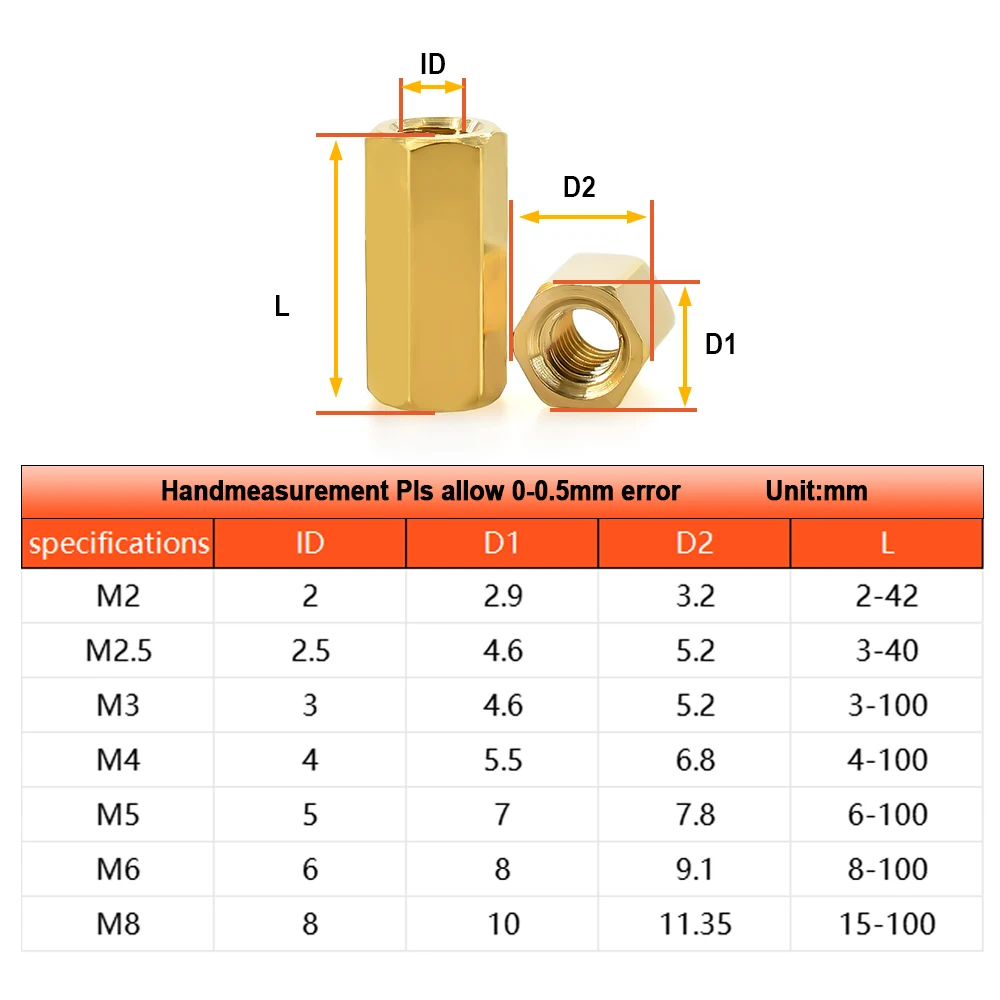 M2 M2.5 M3 M4 M5 M6 M8 Hex Brass Standoff Female Motherboard Spacing Screws Metric Thread Board Rack Stud Standoffs Bolt Spacers