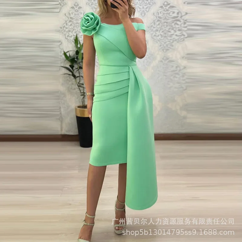 2024 Spring Summer New Women\'s Mint Green off-Shoulder Three-Dimensional Flower Decoration Asymmetric Gathers Dress Skirt