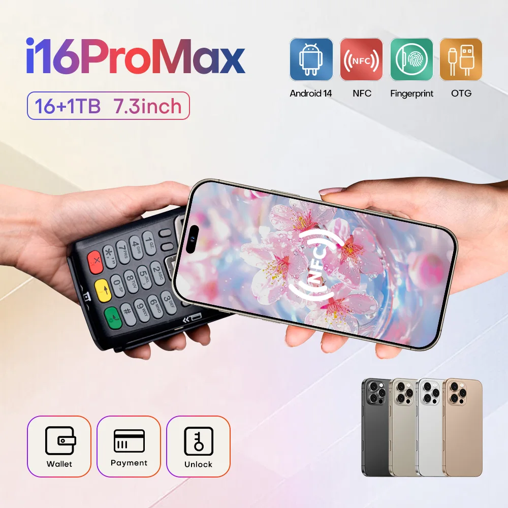 الإصدار العالمي I16 Pro Max الذكي Android، 6.8 بوصة، 16 جيجابايت رام 1 تيرابايت، شريحة مزدوجة، هواتف محمولة، متجر جوجل بلاي، 24+48 ميجابكسل، 6800 مللي أمبير في الساعة
