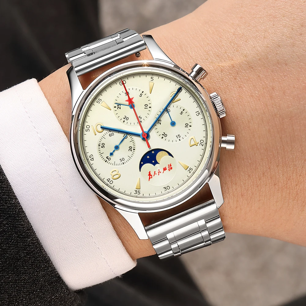 SEAKOSS RED STAR 1963 Moon Phase Chronograph Mechanica Men\'s Stainless Steel Watches ST1908 Manual Winding Sapphire 40mm Watch