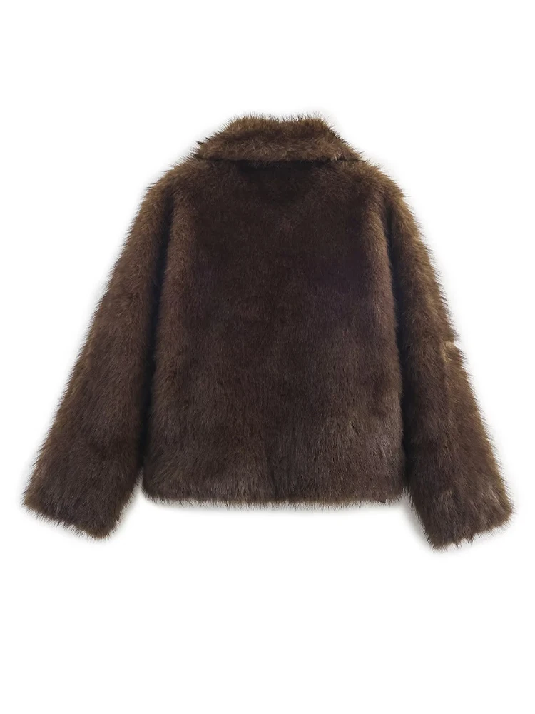 HH Women Lapel Buttons Pocket Long Sleeves Outwear Reversible Faux Fur Effect Jacket 2025 Winter Woman Elegant Warm Coat