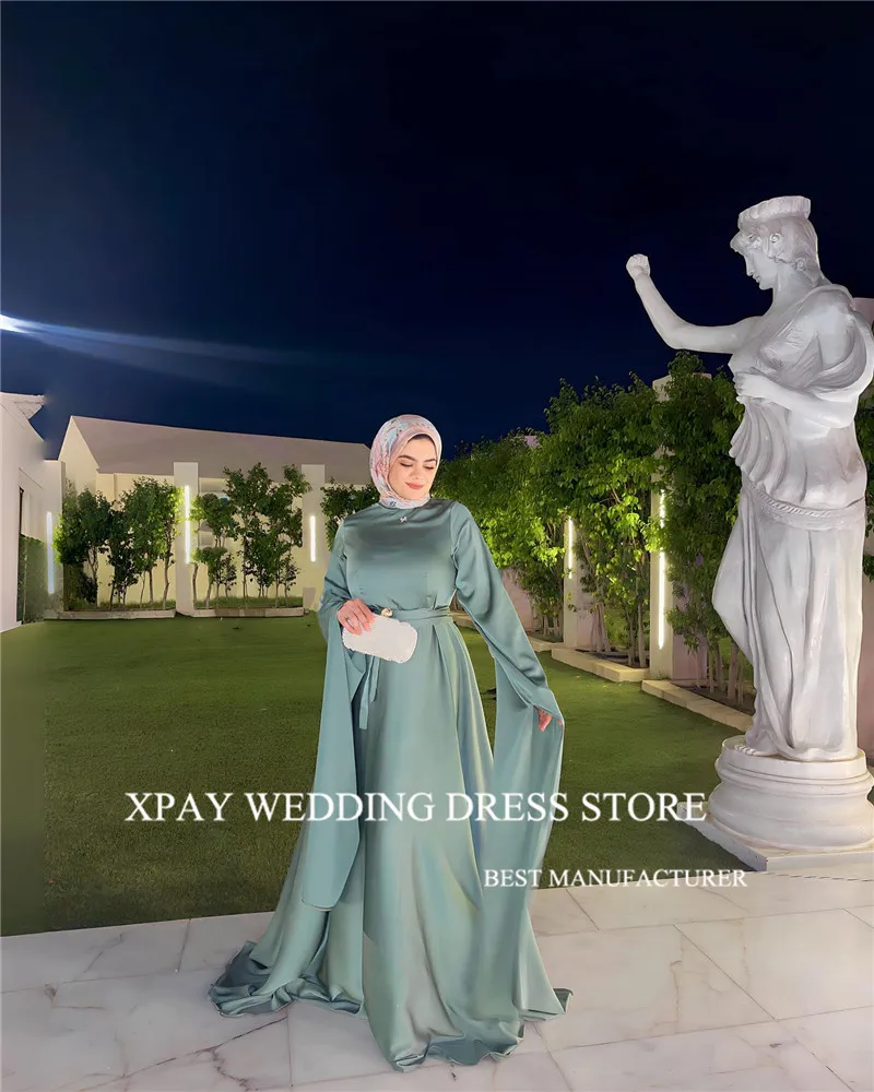 XPAY Simple Dubai Muslim Arabic Women Evening Dresses High Neck Flare Long Sleeves Silk Satin Formal Prom Occasion Dress Gown