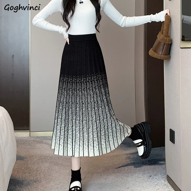 

High Waist Midi Skirts Women Gradient Color Striped Faldas Gothic Autumn Winter Knitted Pleated All-match Cozy Ins Tender Chic