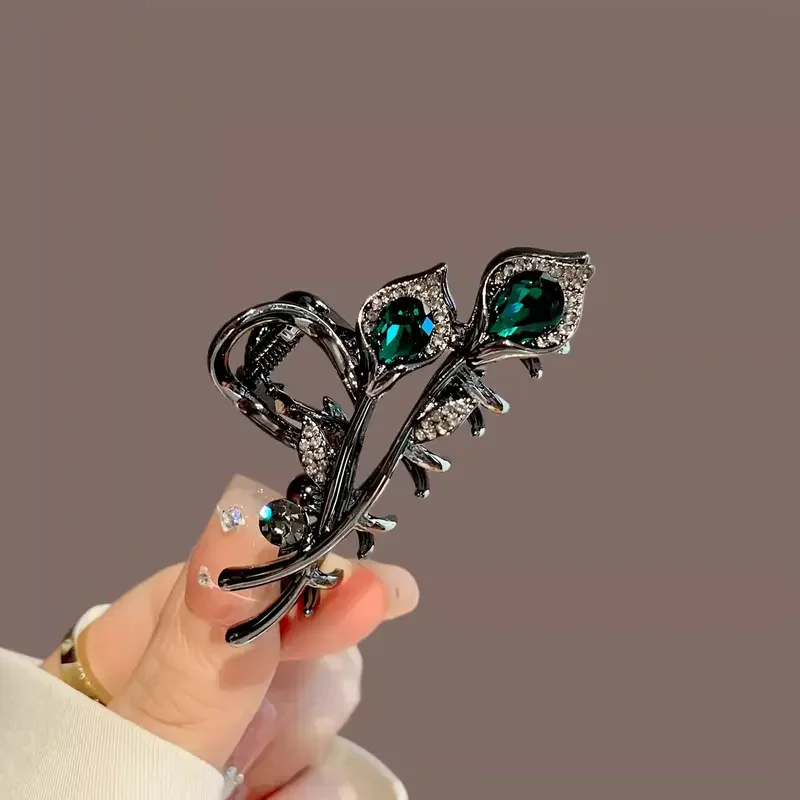 Elegant Retro Style Tulip Hair Claws - Medium Size, Alloy Inlaid with Rhinestones, Suitable for Ponytail and High Bun Hairstyles