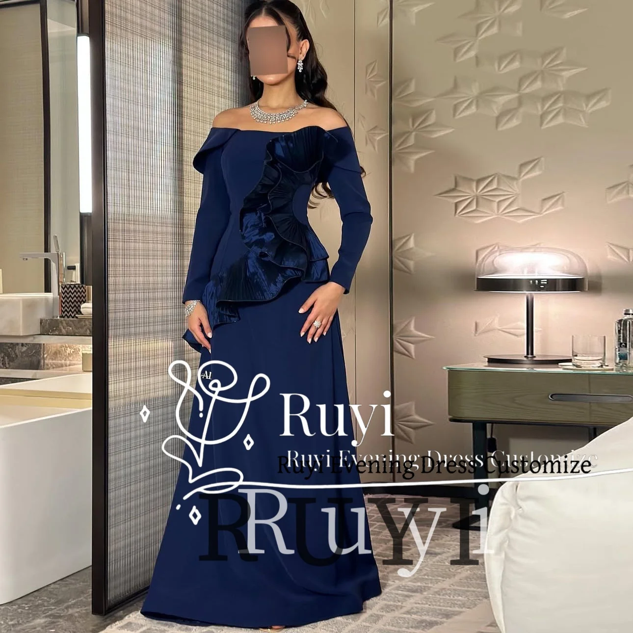 

Customized Off Shoulder Blue Ruffles Evening Dresses 2025 Women Wedding Elegant Party Dress Long Sleeves Prom Gown