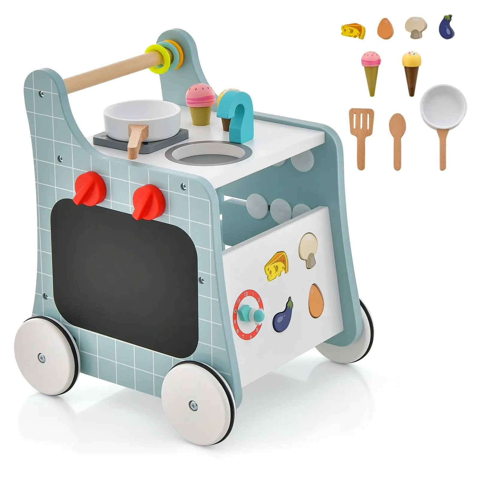 DORTALA 6-in-1 Wooden Baby walker Activity Wooden Toy Activity Center with Play Kitchen