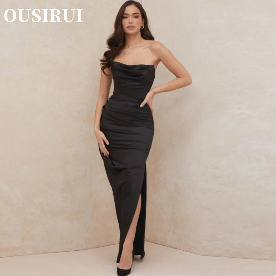 Solid Slim Fit Strapless Dress Sexy Backless Side Slit Long Elegant Satin Evening Dress Women's Simple Folded Design Vestido