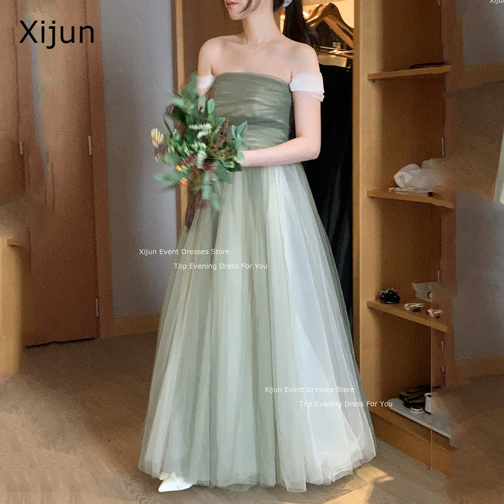 Xijun Fairy Sage Green Tulle Korea Evening Dresses Off the Shoulder Sleeves Ankle Length Prom Gowns Wedding Party Dresses 2024