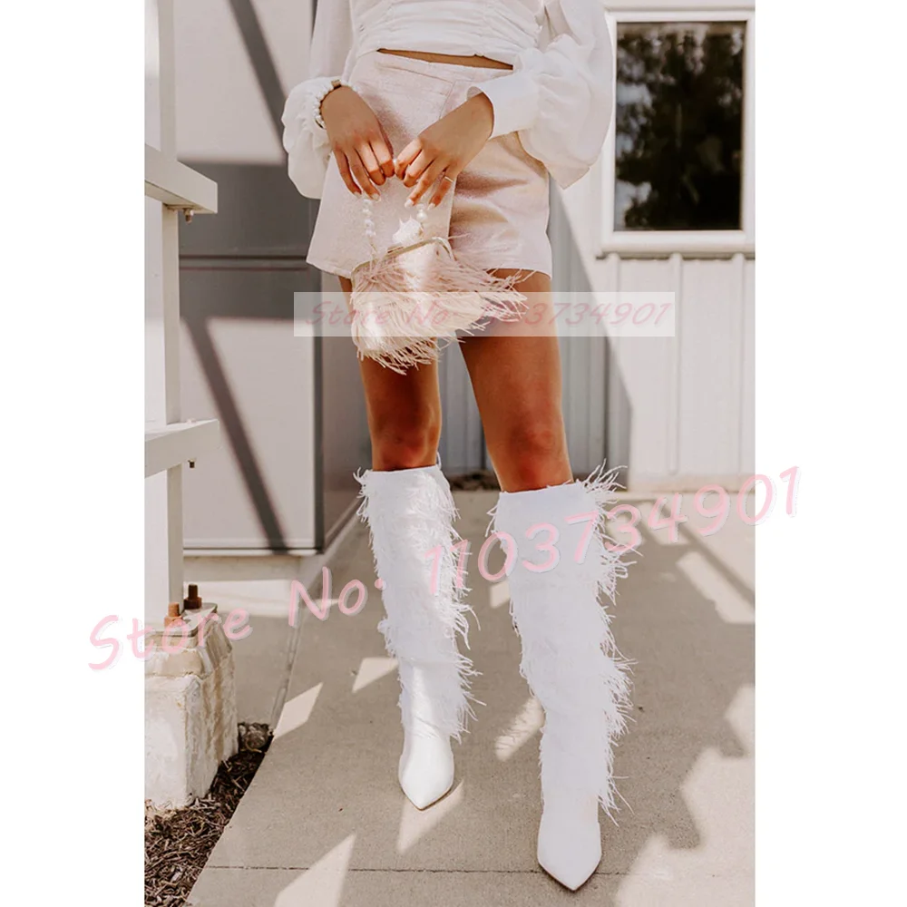 White Furry Knee-High Boots Ladies Pointy Toe Leggy Zipper High Heels Women Shoes Fashion Sexy Elegant wool Plush Luxury Boots