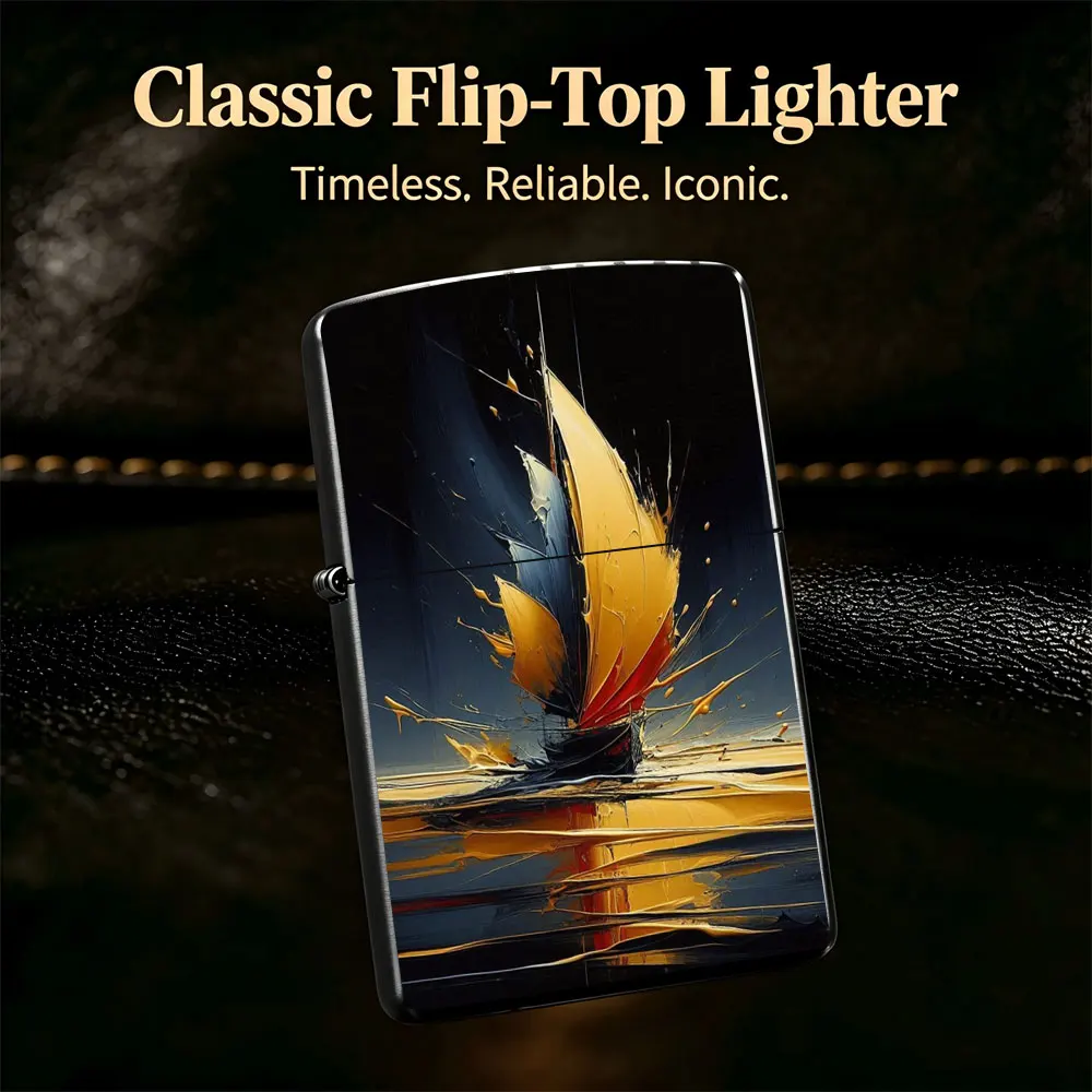 Pocket Lighter, Flip-Top Windproof Design, Metal Case with Yellow Sailboat Painting, Ergonomic Grip, Adjustable Flame, Ideal for Daily Use