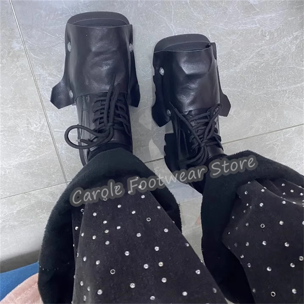 Fashion Square Toe Chunky Bottom Derby Shoes for Men Rivet Decor Lace-Up High Increasing Lace-Up Loafers Male Western Oxfords view 2