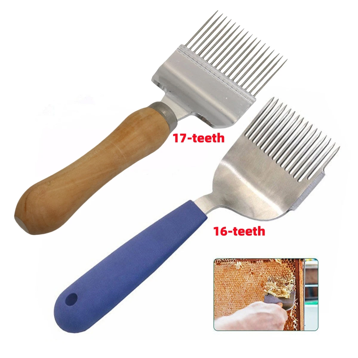 1Pc Rubber or Wooden Handle Stainless Steel Honey Scraping Knife 16-teeth 17-teeth Needle-type Beekeeper Beekeeping Shovel Comb