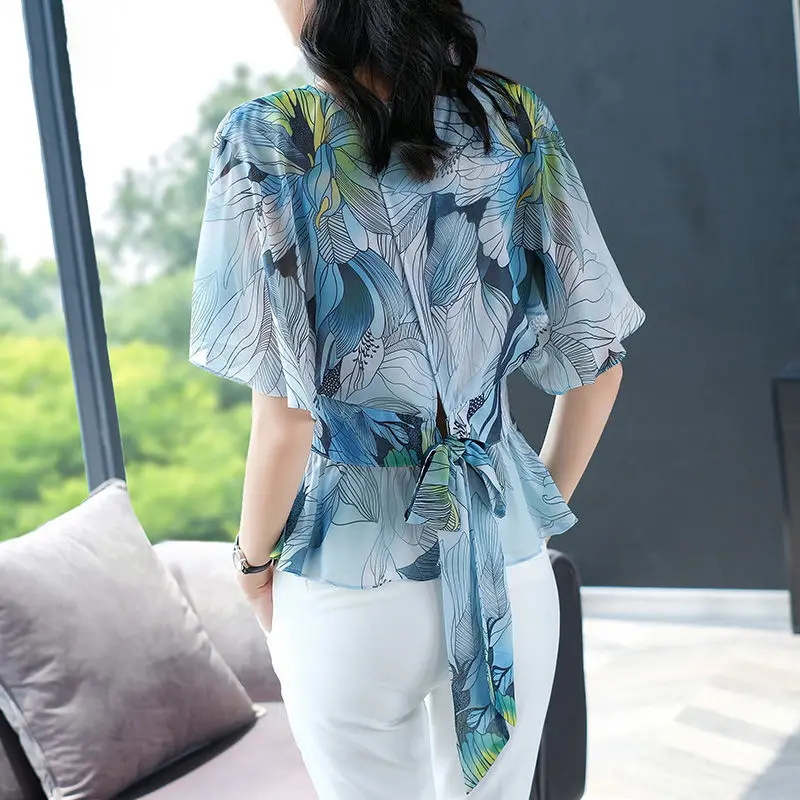 Office Lady Fashion Flowers Printed Blouse Summer Casual Ruffles Patchwork All-match Female V-Neck Korean Drawstring Bow Shirt