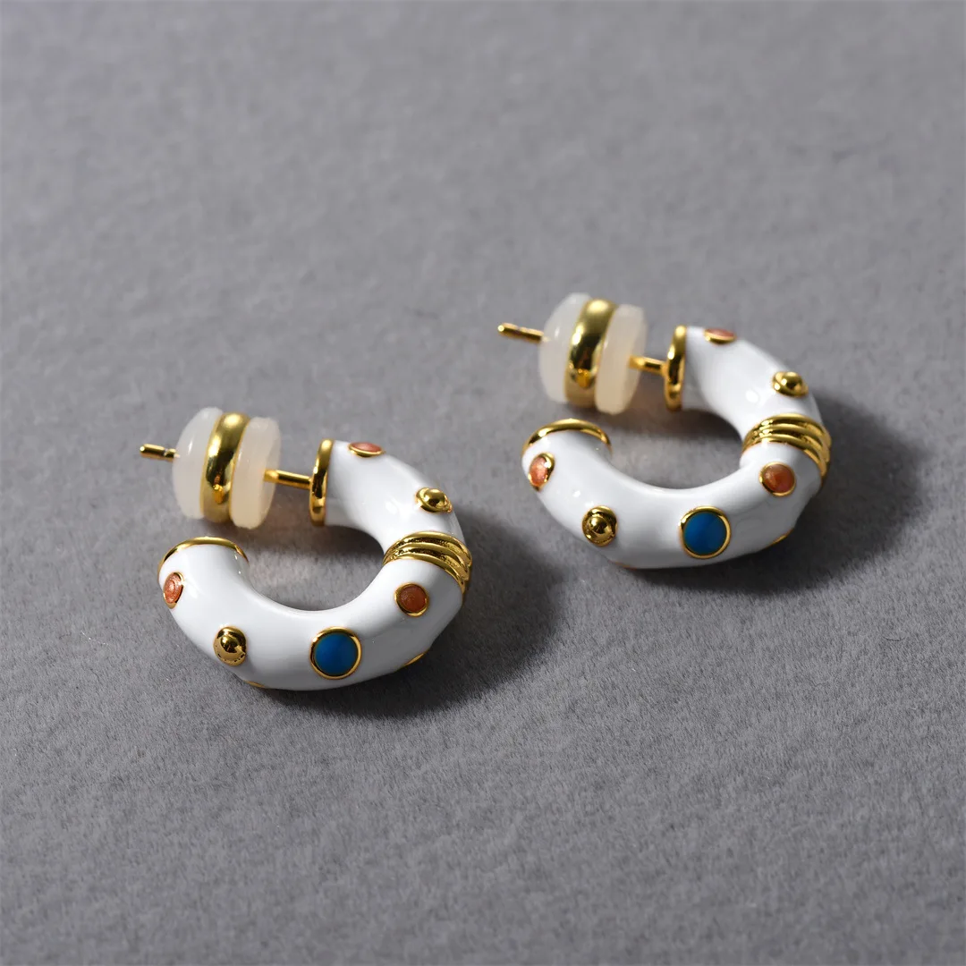 Summer new white enamel drop glaze C-shaped natural stone earrings for women