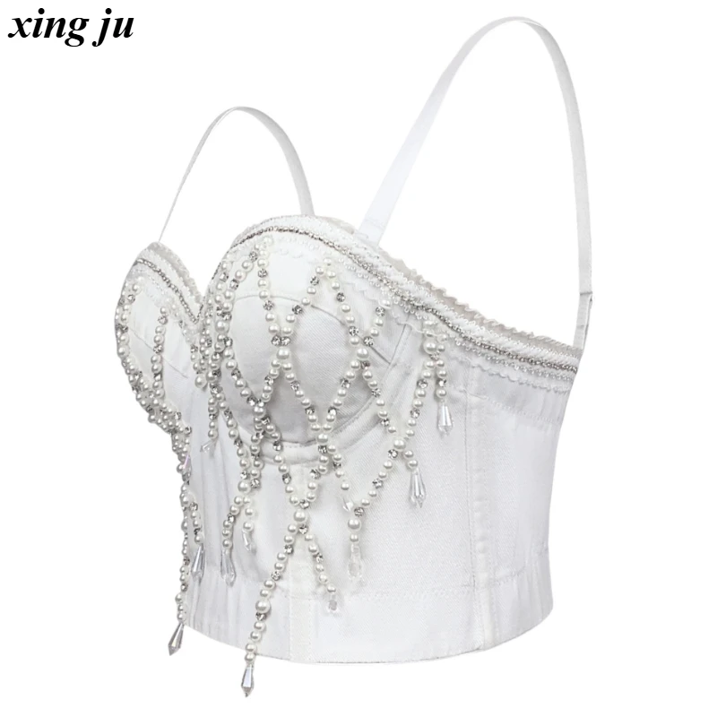 싱주 파티 핫걸 블루 데님 백리스 크롭탑 여성 재즈 댄스 의상 나이트클럽 DJ 섹시 레이스 비즈 체인 베스트 무대 의상