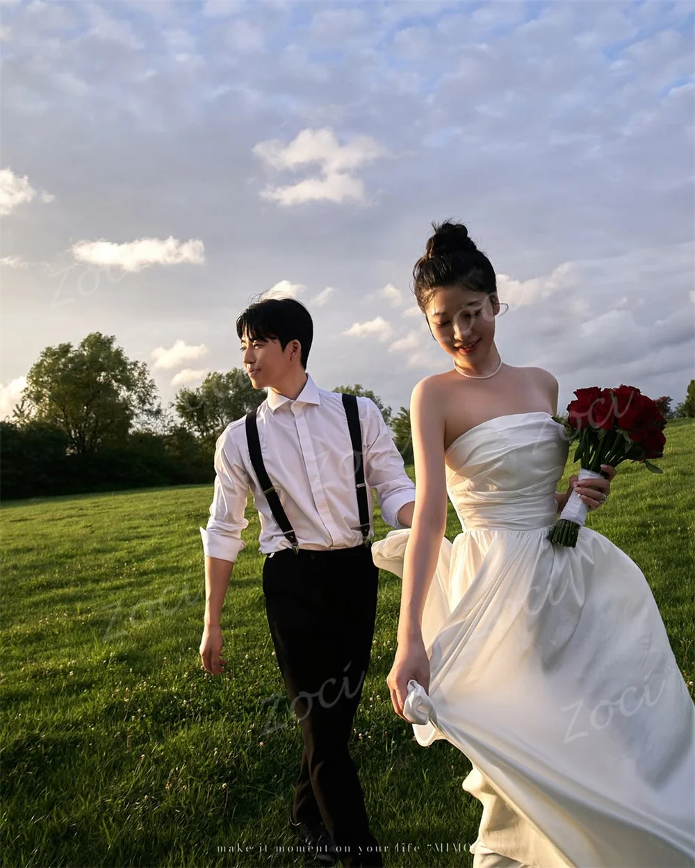 Zoci エレガントなストラップレスタフタ結婚披露宴ドレス韓国写真撮影フロアシンプルなブライダルドレスコルセットバックカスタマイズ