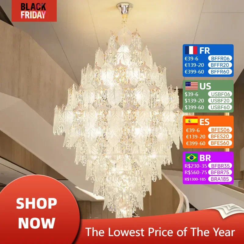 

Modern Glass Leaf Hanging Led Lights for Stairscase Loft Villa Hotel Lobby Living Room Luxury Gold K9 Crystal Ceiling Chandelier