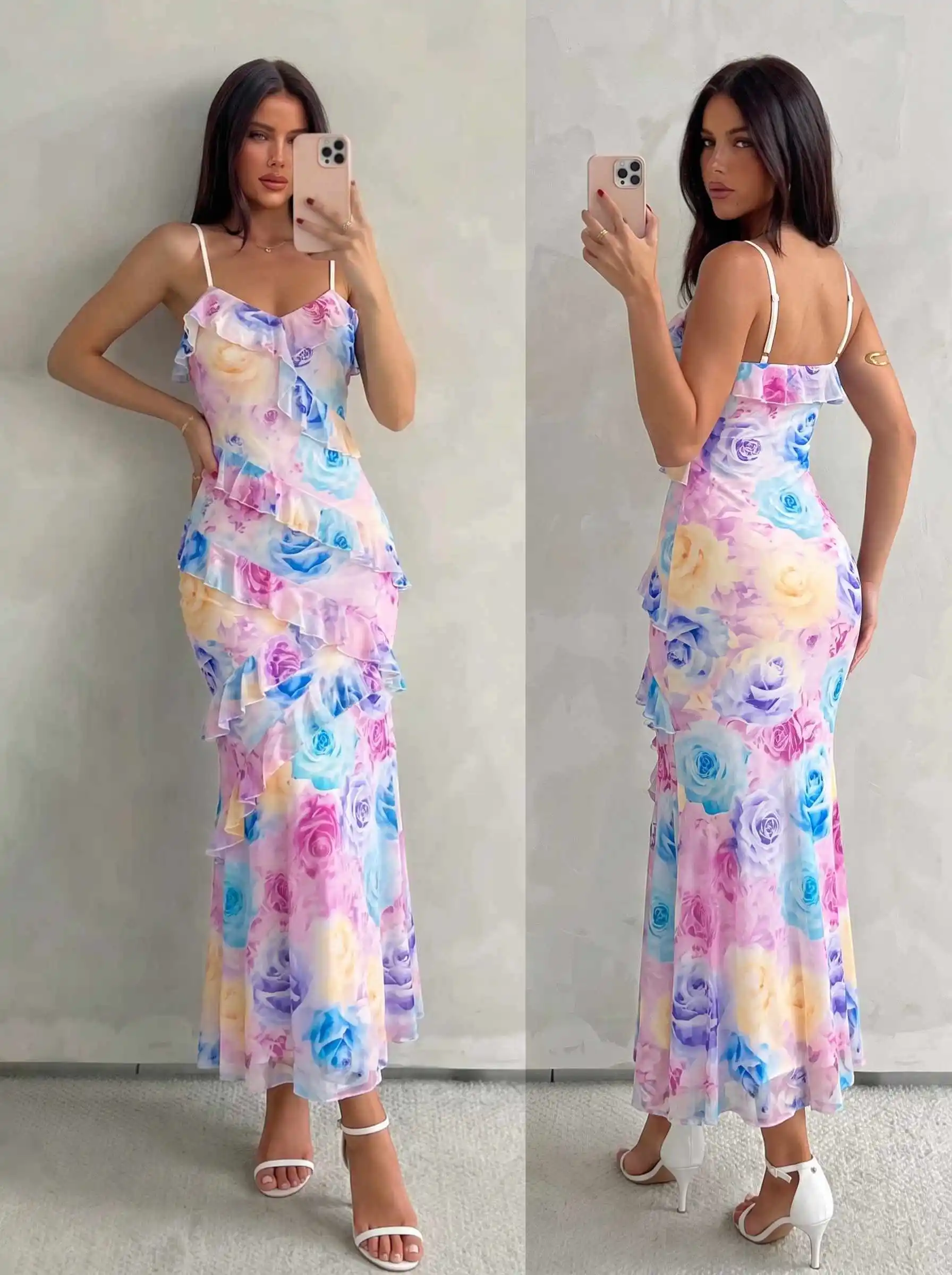 Damen Aquarell-Rosen-Print Cami-Kleid mit Rüschen, Chiffon-Midikleid, Spaghettiträger, fließendes Kleid für Urlaub, Strandparty, Ferien – Detail 27