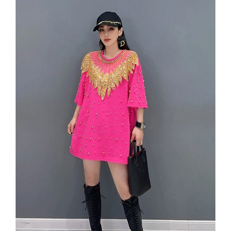 2024 Summer Short Sleeve T-shirts Beading Gorgeous Elegant Loose Over Size Medium Length Tops Female Round Neck Sequins T-shirt