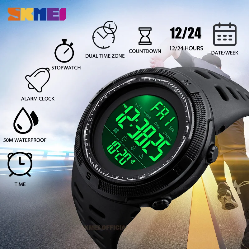 SKMEI jam tangan multifungsi pria, arloji mode luar ruangan olahraga Alarm Chrono 5Bar jam Digital tahan air