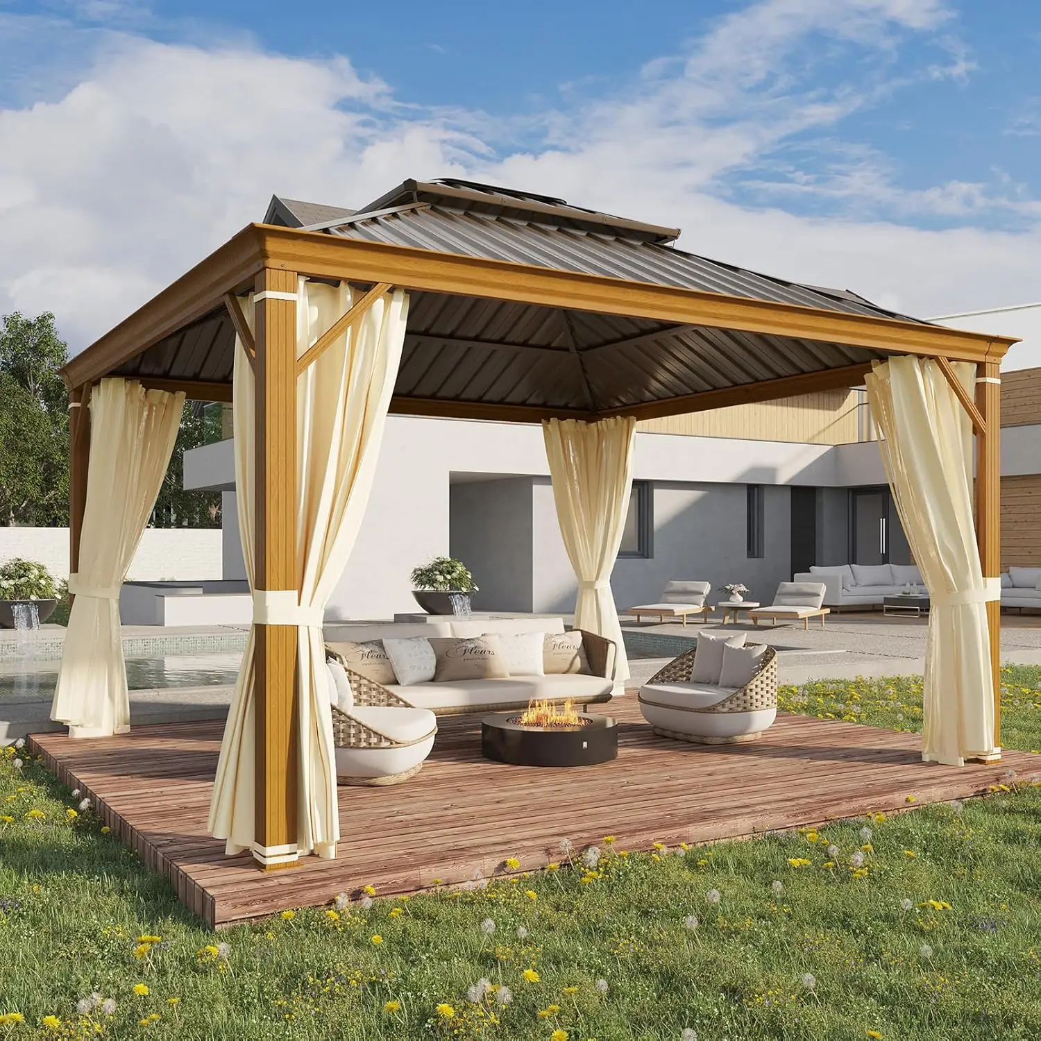 

12'x12' Hardtop Gazebo, Wood Grain Aluminum Frame Canopy with Galvanized Steel Double Roof, Outdoor Patio Gazebo, Customized