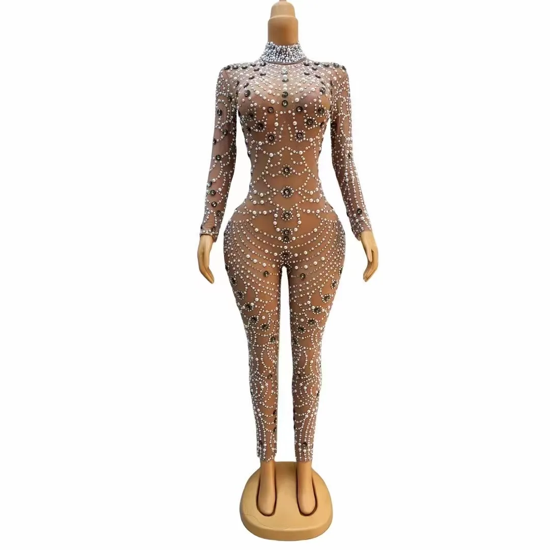 

New Designed Big Pearls Rhinestones Stretch Transparent Jumpsuit Evening Birthday Celebrate Outfit Sexy Dancer Bodysuit