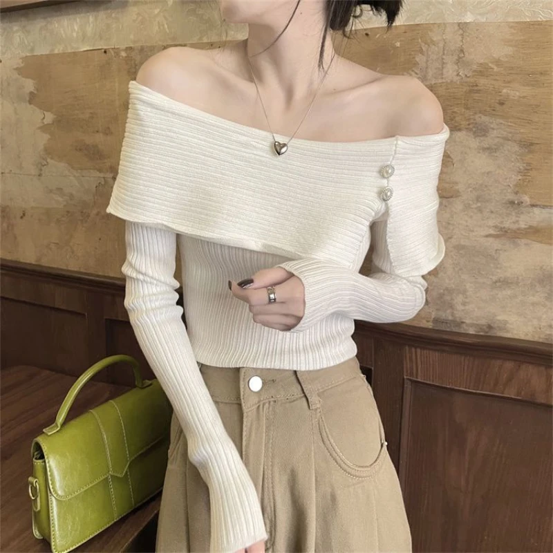 Pure Desire Spicy Girl One Shoulder Knitted Bottom Shirt Women's New Irregular Short Fit Clavicle Top