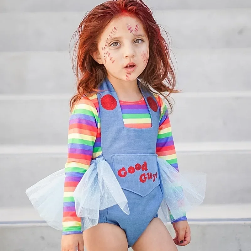 0-5Years Rainbow Stripe Print Tops Toddler Girl 3Pcs Halloween Set Letter Pattern Romper Long Socks